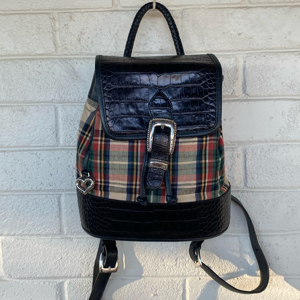 Brighton Backpack in Plaid and Croc-Embossed Black Pebbled Leather